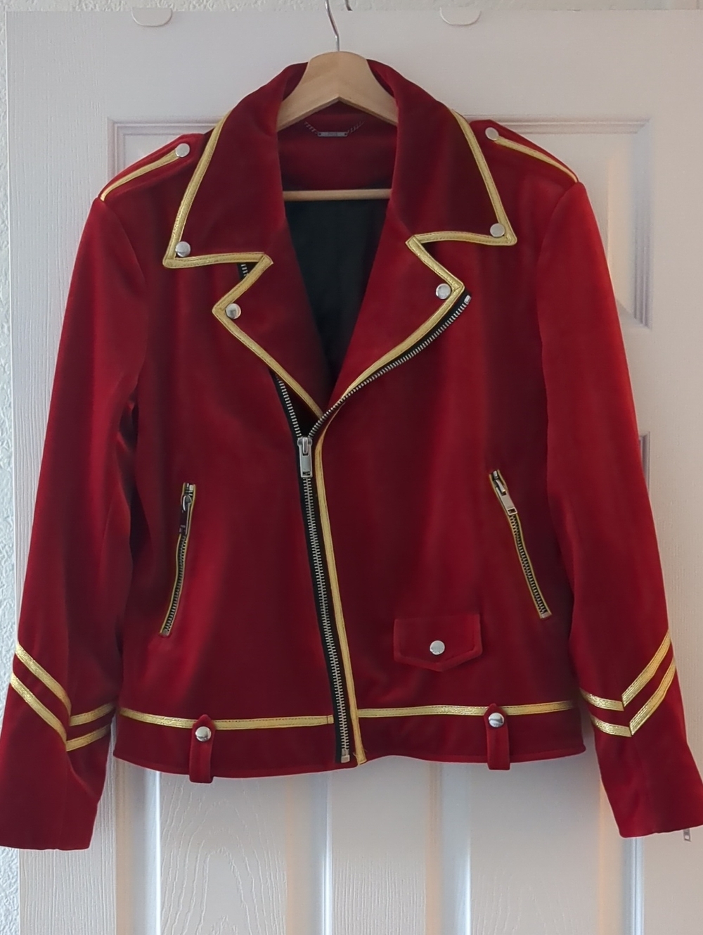 P.H.I.X Red Velvet Biker Jacket with Gold Trim